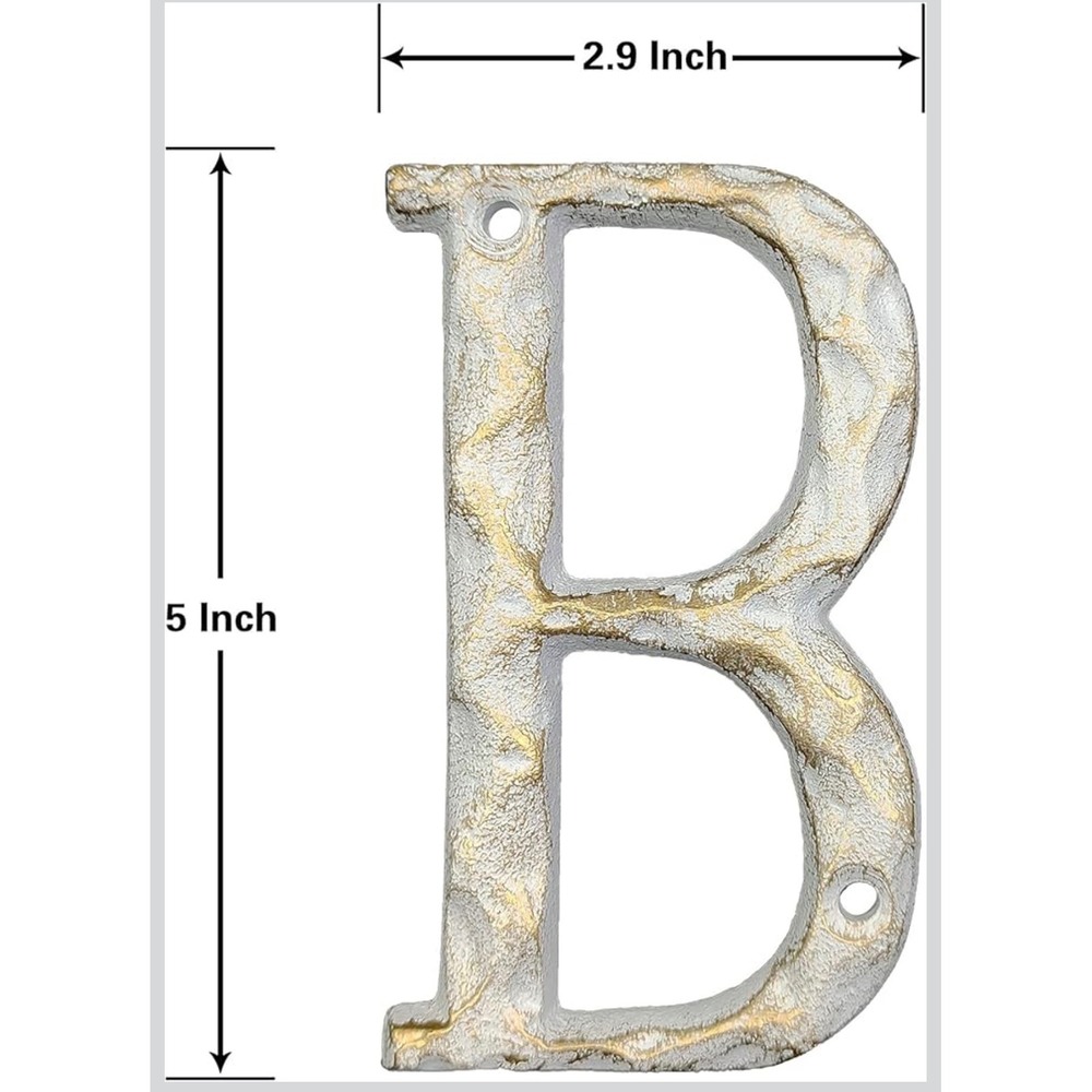 House Letter B Cast Iron Hammered Metal 5 Inch Gold White Address Sign